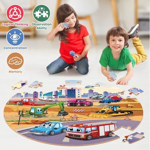 SYNARRY Vehicle Floor Puzzle for Kids Ages 3-5, Large 70 Piece Puzzle for Kids Ages 4-6, Wooden Floor Puzzle for Kids Ages 4-8, Preschool Toys Gifts for 3 4 5 6 7 8 Years Old Boys Girls Child