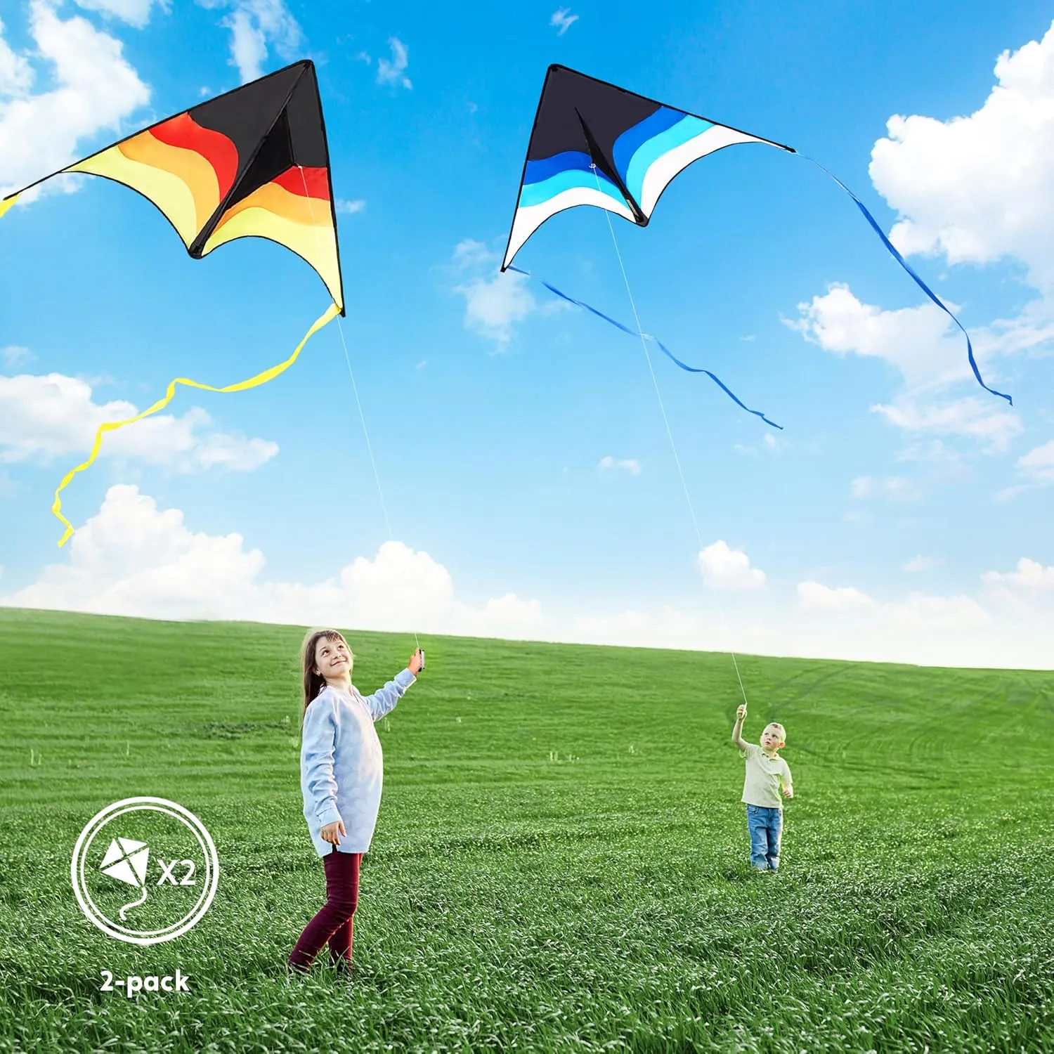 SYNCFUN 2 Packs Large Delta Kite Gradient Blue and Yellow– Easy to Fly for Kids and Adults, Beach Kite with 328 ft String for Outdoor Games and Activities