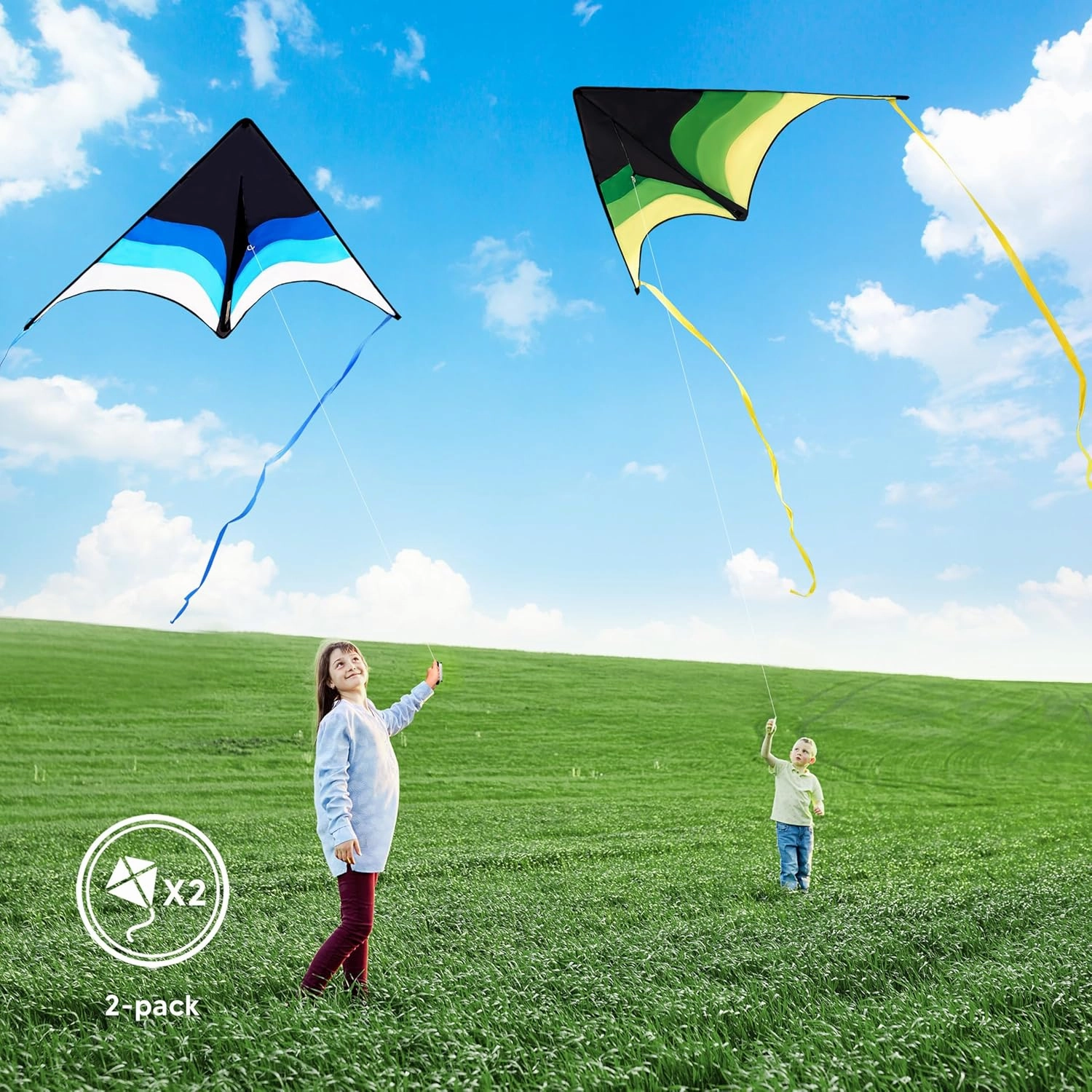 SYNCFUN 2 Packs Large Delta Kite Gradient Green and Blue– Easy to Fly for Kids and Adults, Beach Kite with 328 ft String for Outdoor Games and Activities