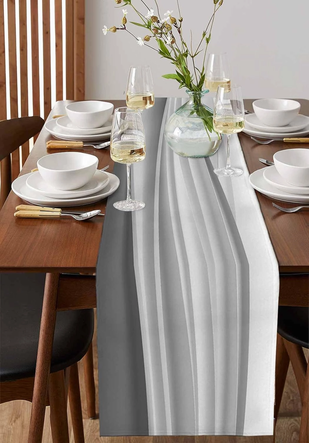 Table Runners-120 Inch Long,Abstract Ocean Waves Fluid Lines Linen Dresser Scarves Dining Table Runner Gradient Gray Tabletop Scarf for Home Kitchen Holiday Party Decor