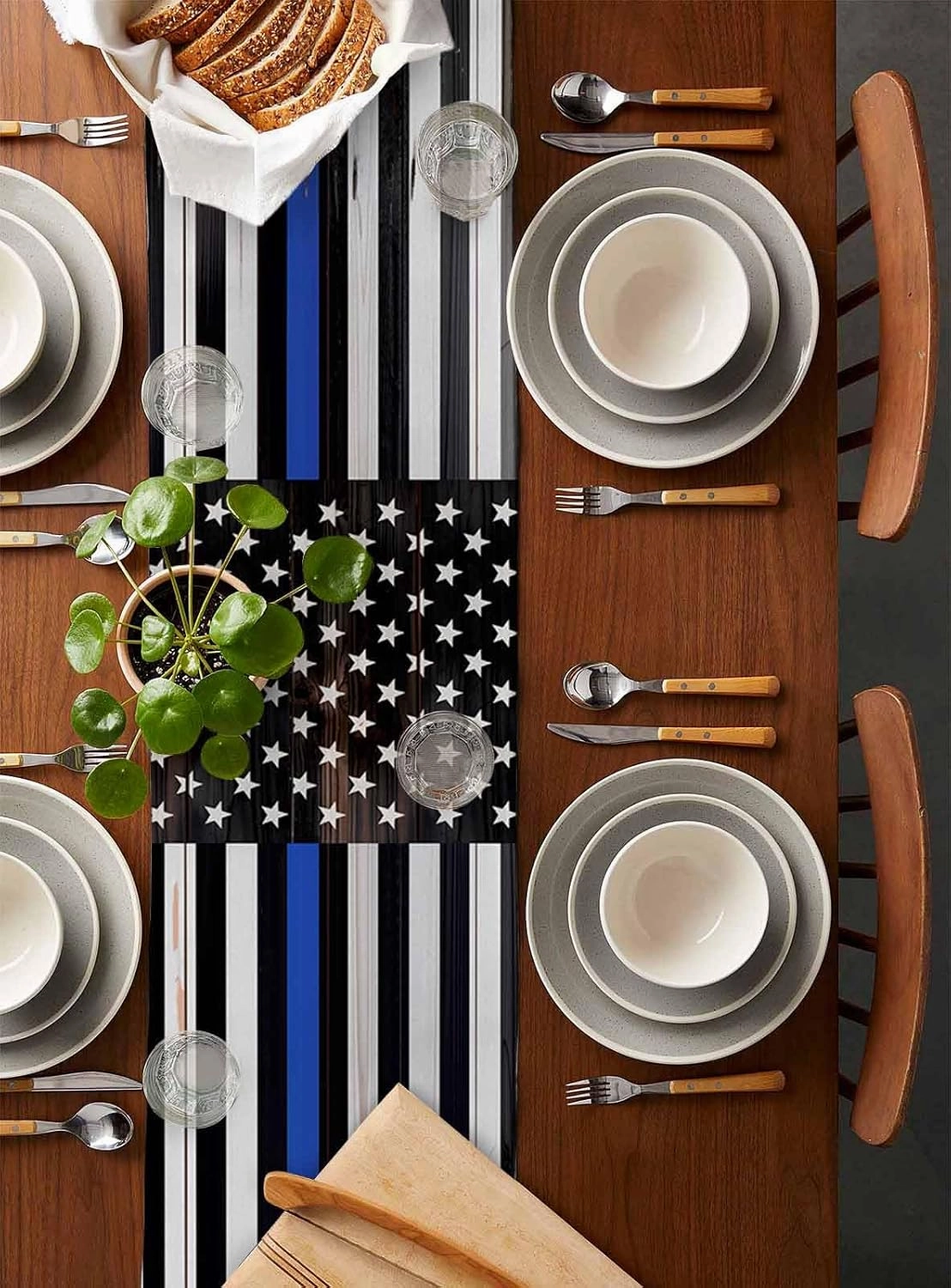 Table Runners-70 Inch Long,Thin Blue Line American Flag Linen Dresser Scarves Dining Table Runner Black White Stars Stripes Tabletop Scarf for Home Kitchen Holiday Party Decor