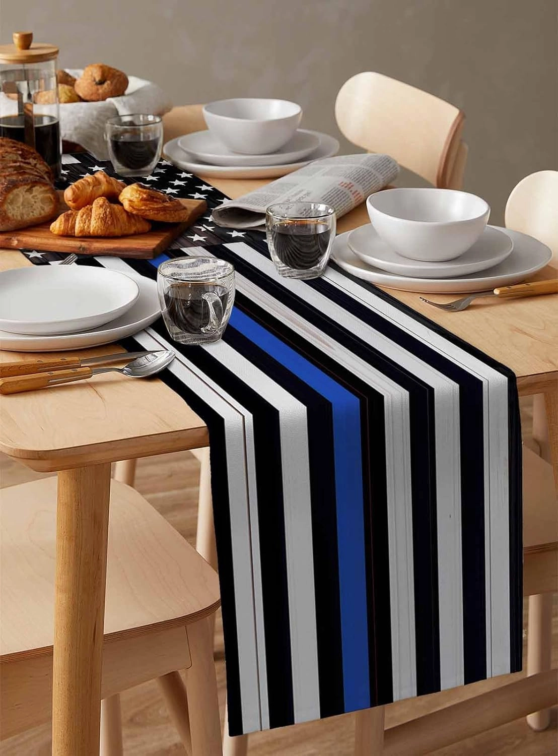 Table Runners-70 Inch Long,Thin Blue Line American Flag Linen Dresser Scarves Dining Table Runner Black White Stars Stripes Tabletop Scarf for Home Kitchen Holiday Party Decor