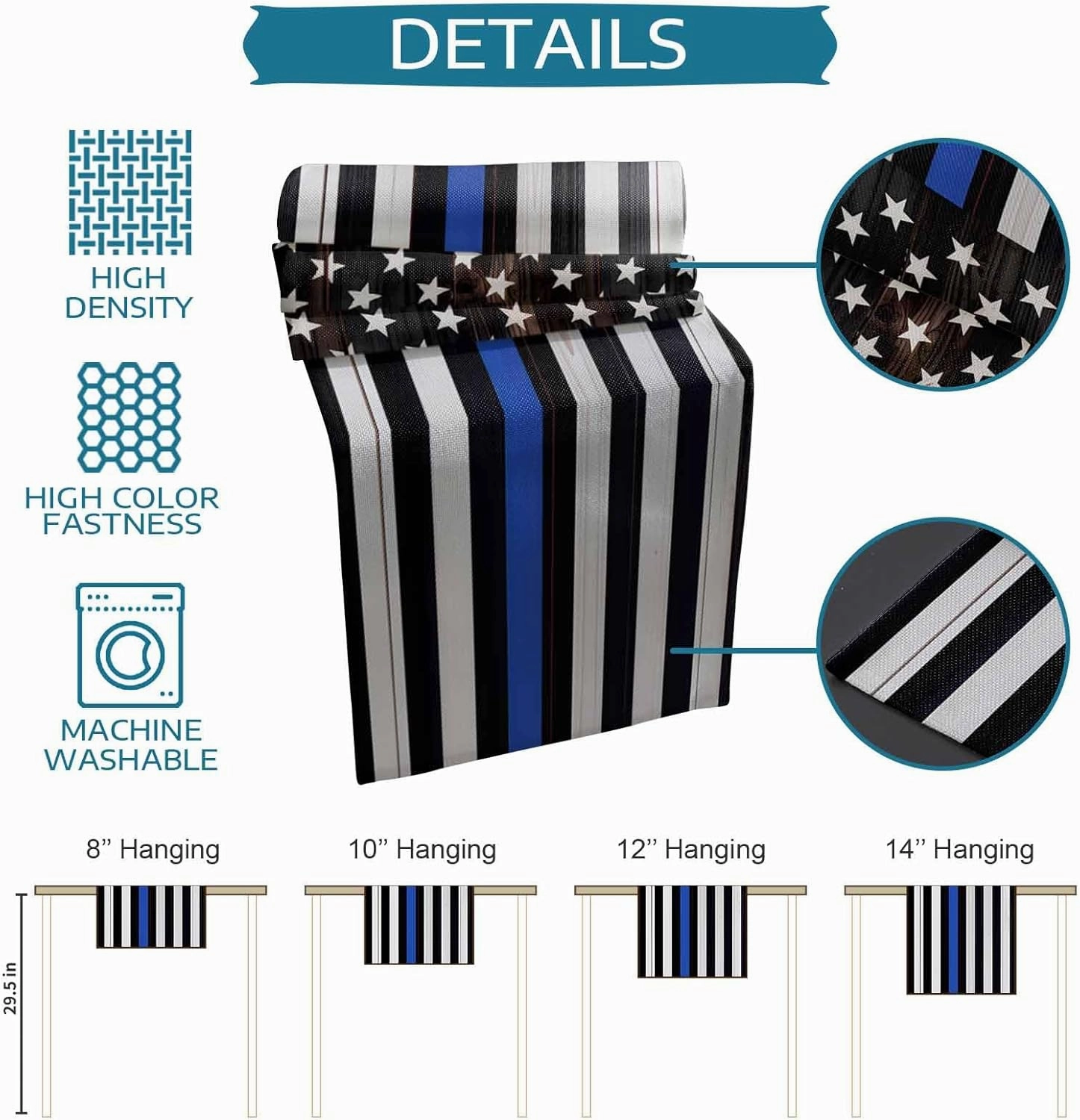 Table Runners-70 Inch Long,Thin Blue Line American Flag Linen Dresser Scarves Dining Table Runner Black White Stars Stripes Tabletop Scarf for Home Kitchen Holiday Party Decor