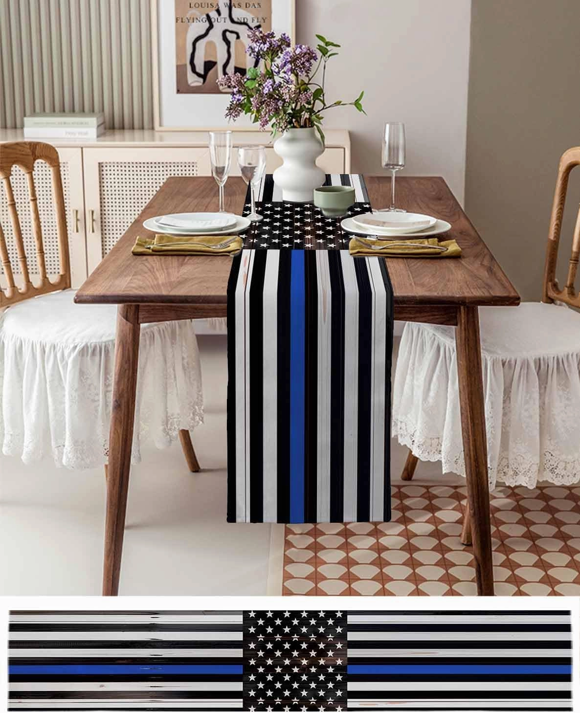 Table Runners-70 Inch Long,Thin Blue Line American Flag Linen Dresser Scarves Dining Table Runner Black White Stars Stripes Tabletop Scarf for Home Kitchen Holiday Party Decor
