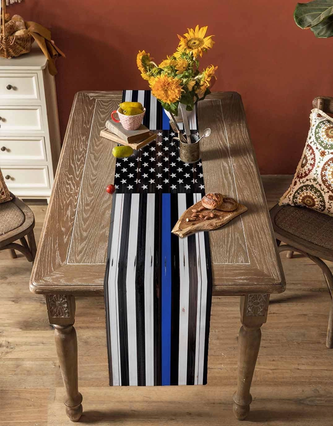 Table Runners-70 Inch Long,Thin Blue Line American Flag Linen Dresser Scarves Dining Table Runner Black White Stars Stripes Tabletop Scarf for Home Kitchen Holiday Party Decor