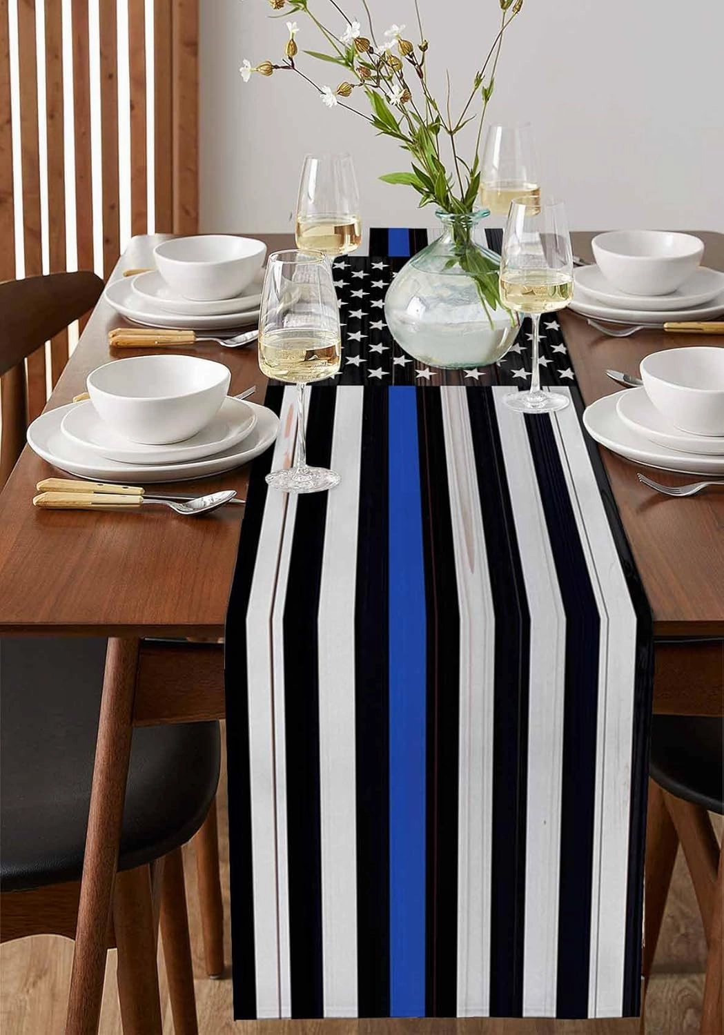 Table Runners-70 Inch Long,Thin Blue Line American Flag Linen Dresser Scarves Dining Table Runner Black White Stars Stripes Tabletop Scarf for Home Kitchen Holiday Party Decor