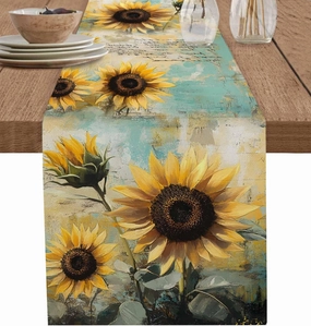Table Runners-70 Inch Long,Vintage Sunflowers Letters Linen Dresser Scarves Dining Table Runner Watercolor Rustic Botanical Tabletop Scarf for Home Kitchen Holiday Party Decor