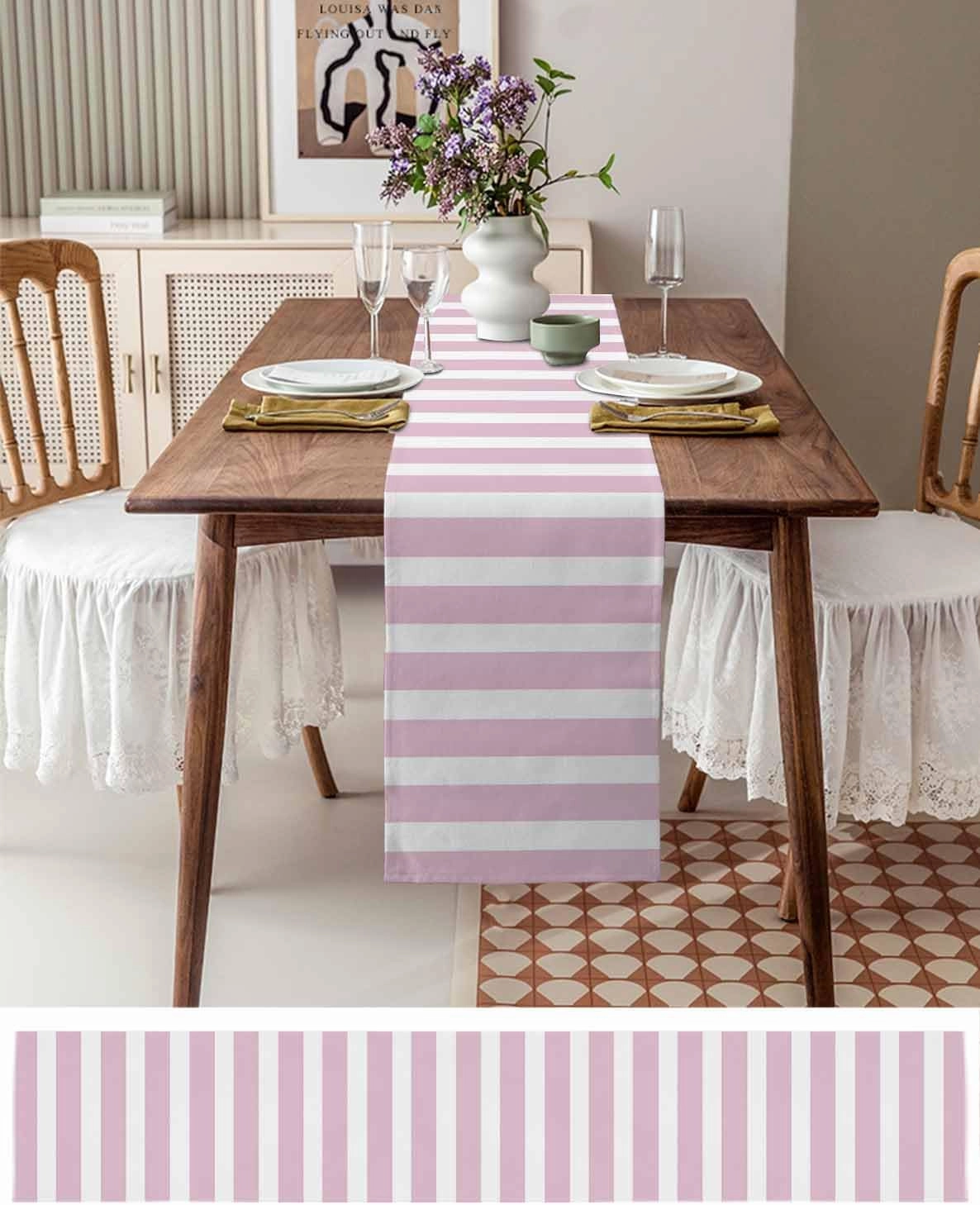 Table Runners-72 Inch Long,Modern Striped Lines Linen Dresser Scarves Dining Table Runner Pink and White Tabletop Scarf for Home Kitchen Holiday Party Decor