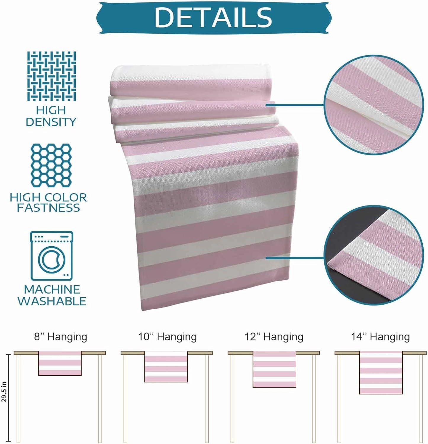 Table Runners-72 Inch Long,Modern Striped Lines Linen Dresser Scarves Dining Table Runner Pink and White Tabletop Scarf for Home Kitchen Holiday Party Decor