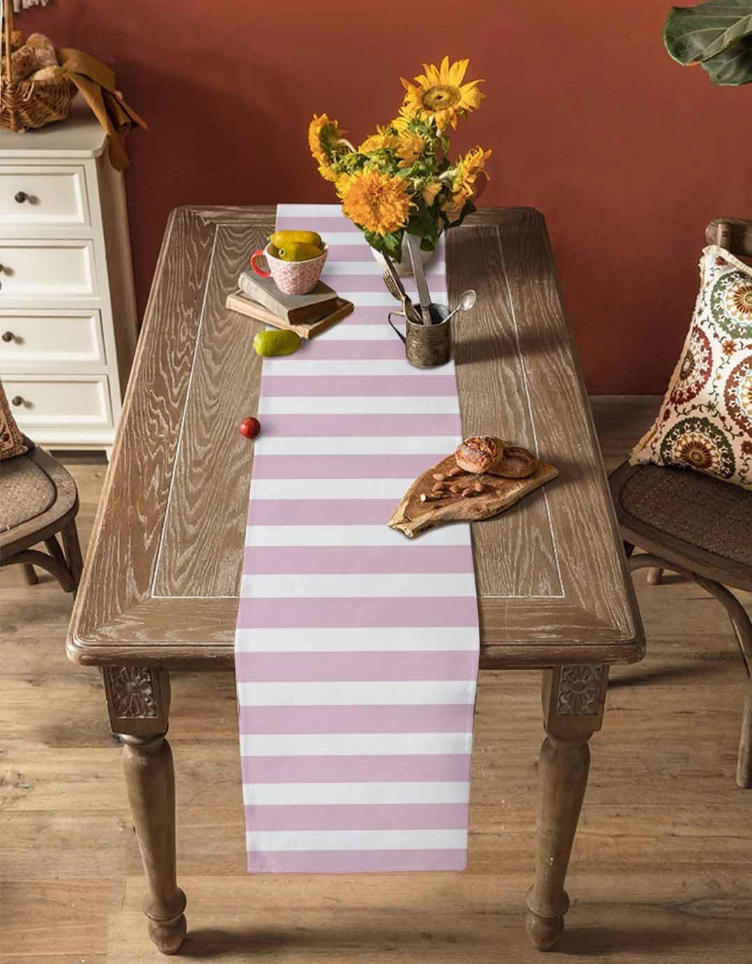 Table Runners-72 Inch Long,Modern Striped Lines Linen Dresser Scarves Dining Table Runner Pink and White Tabletop Scarf for Home Kitchen Holiday Party Decor