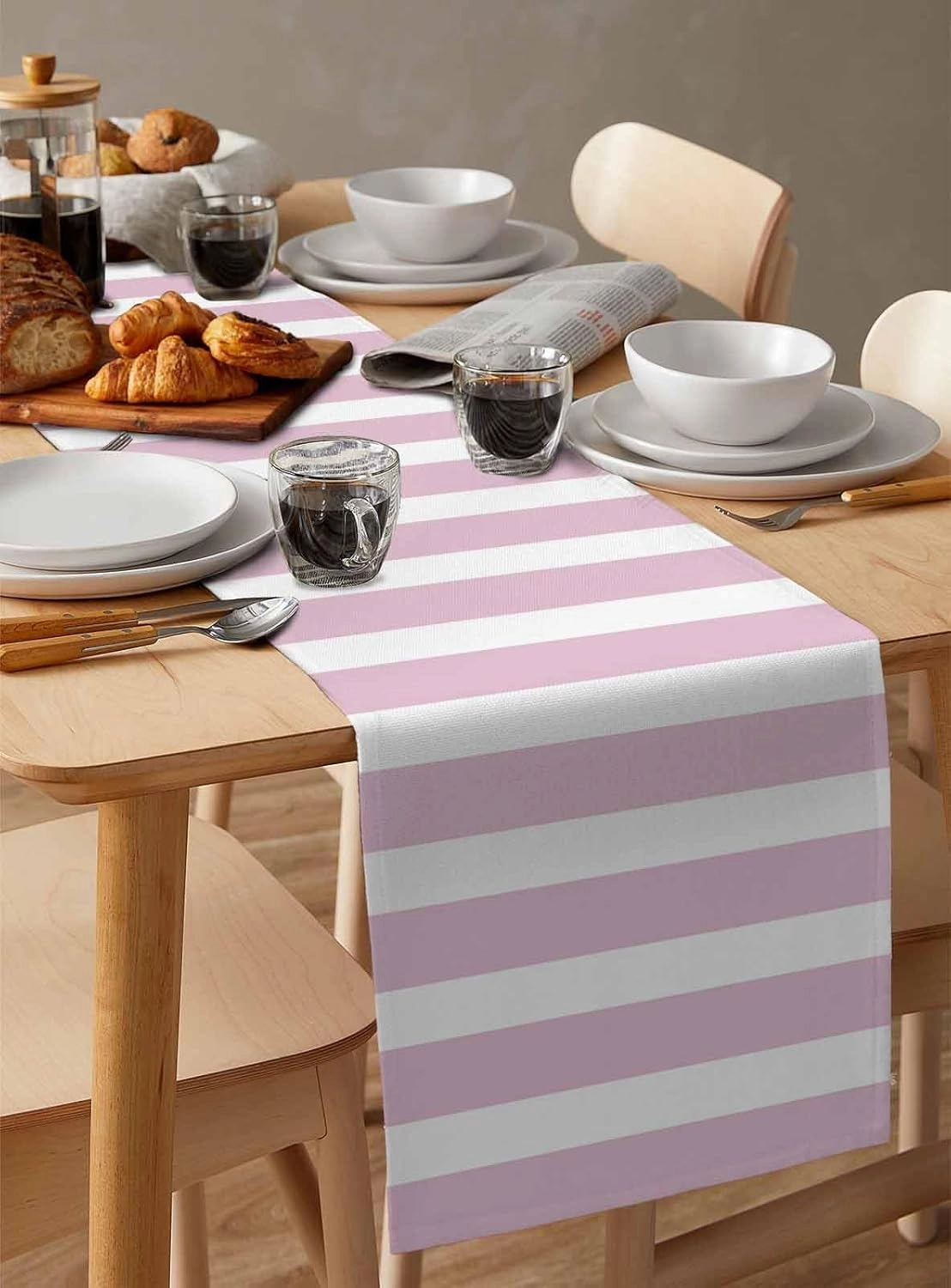 Table Runners-72 Inch Long,Modern Striped Lines Linen Dresser Scarves Dining Table Runner Pink and White Tabletop Scarf for Home Kitchen Holiday Party Decor