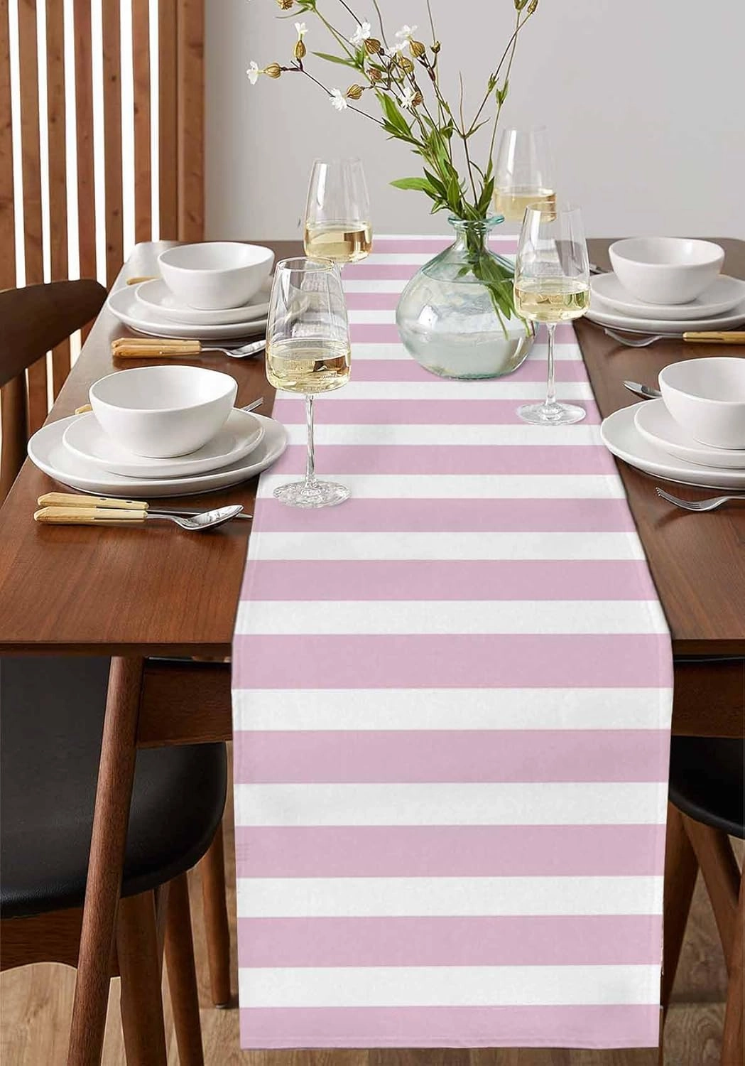 Table Runners-72 Inch Long,Modern Striped Lines Linen Dresser Scarves Dining Table Runner Pink and White Tabletop Scarf for Home Kitchen Holiday Party Decor