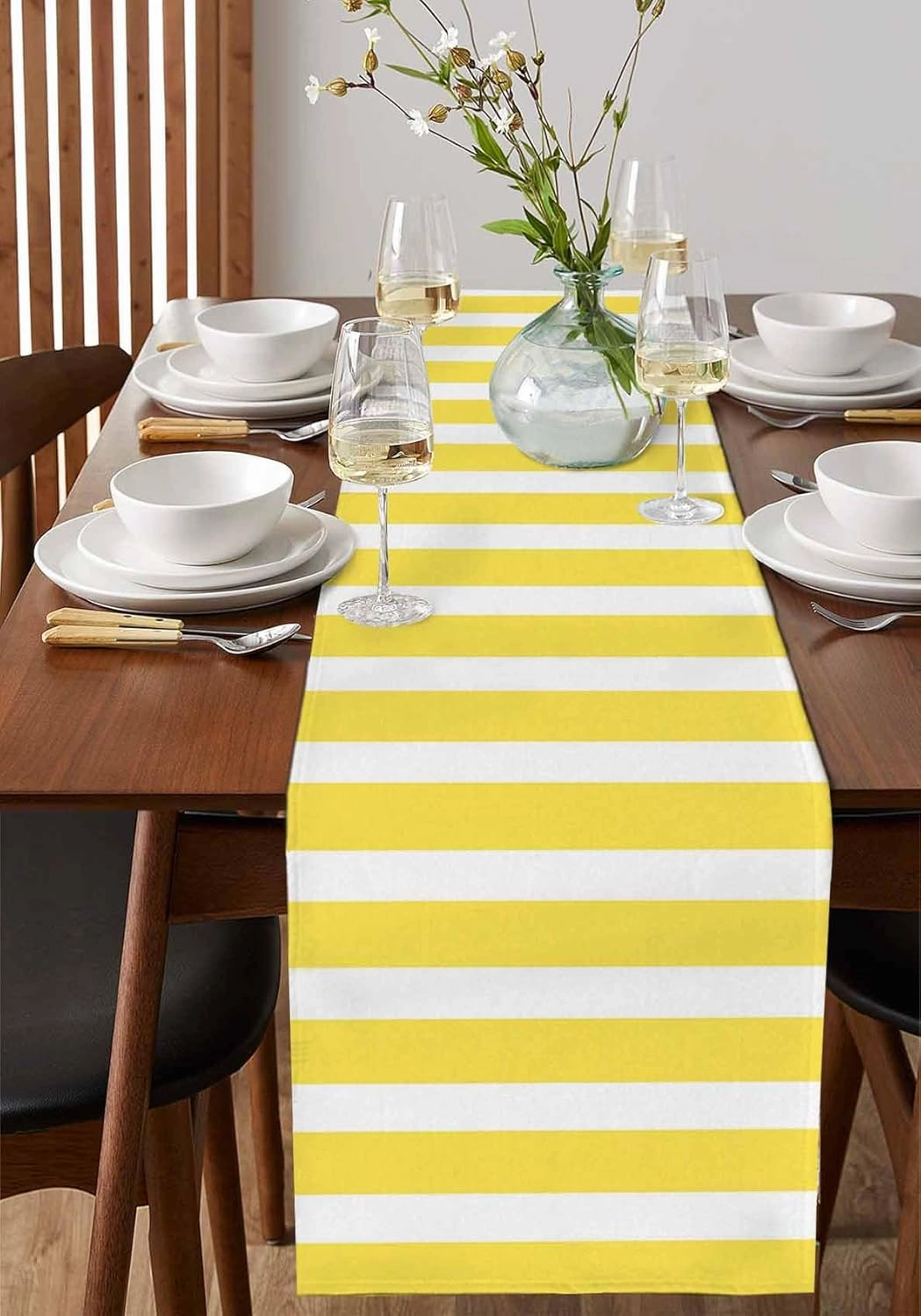 Table Runners-72 Inch Long,Modern Stripes Lines Linen Dresser Scarves Dining Table Runner Yellow and White Tabletop Scarf for Home Kitchen Holiday Party Decor