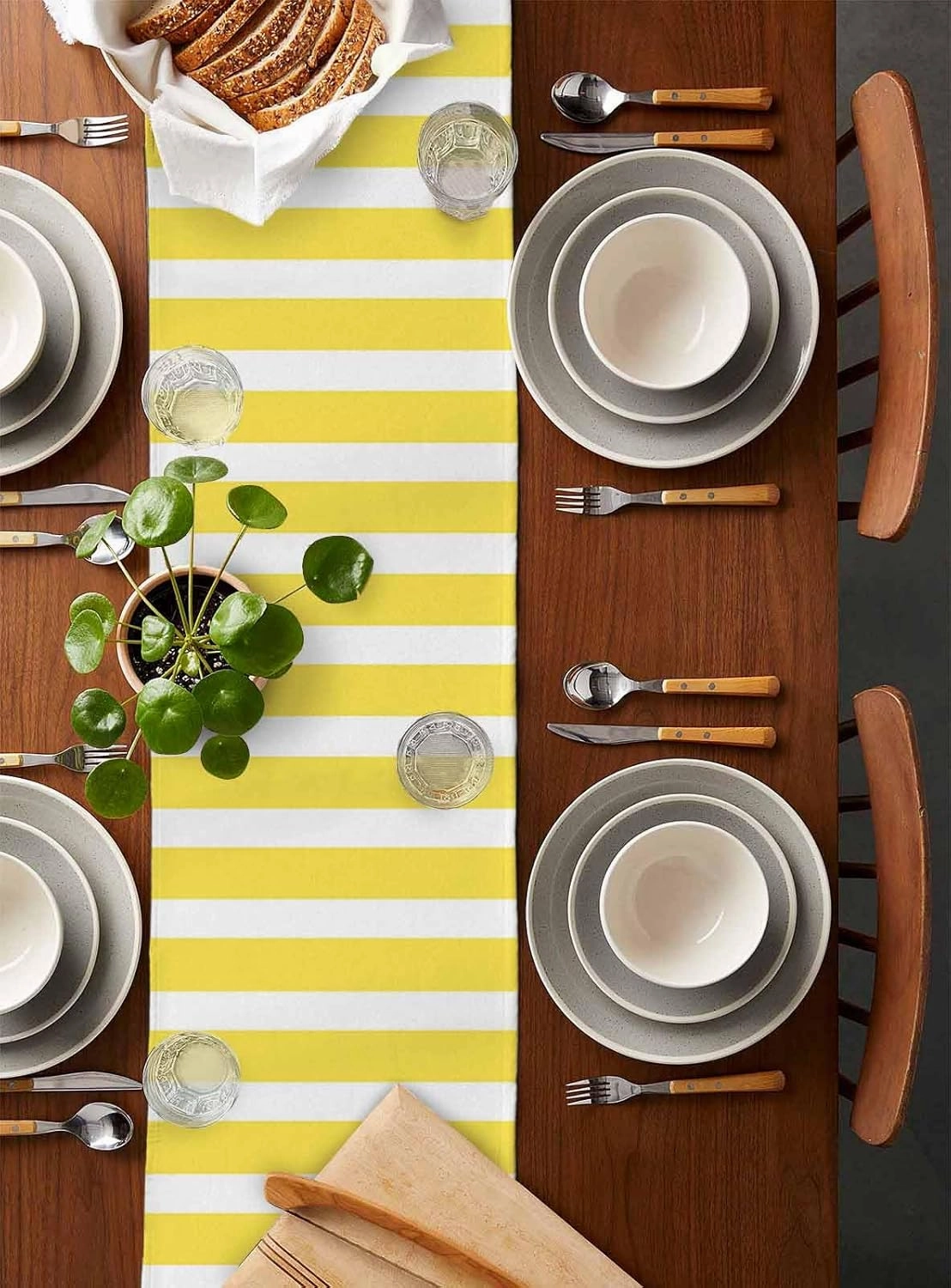 Table Runners-72 Inch Long,Modern Stripes Lines Linen Dresser Scarves Dining Table Runner Yellow and White Tabletop Scarf for Home Kitchen Holiday Party Decor