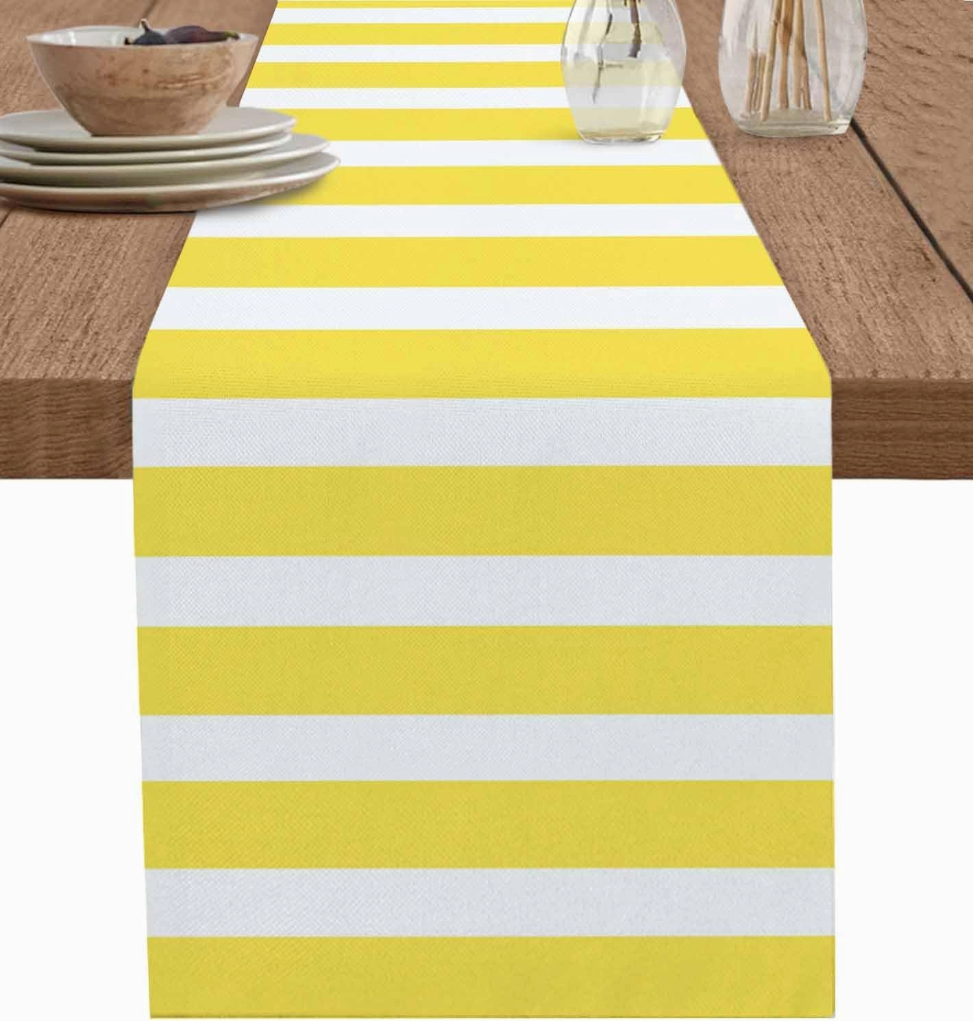 Table Runners-72 Inch Long,Modern Stripes Lines Linen Dresser Scarves Dining Table Runner Yellow and White Tabletop Scarf for Home Kitchen Holiday Party Decor
