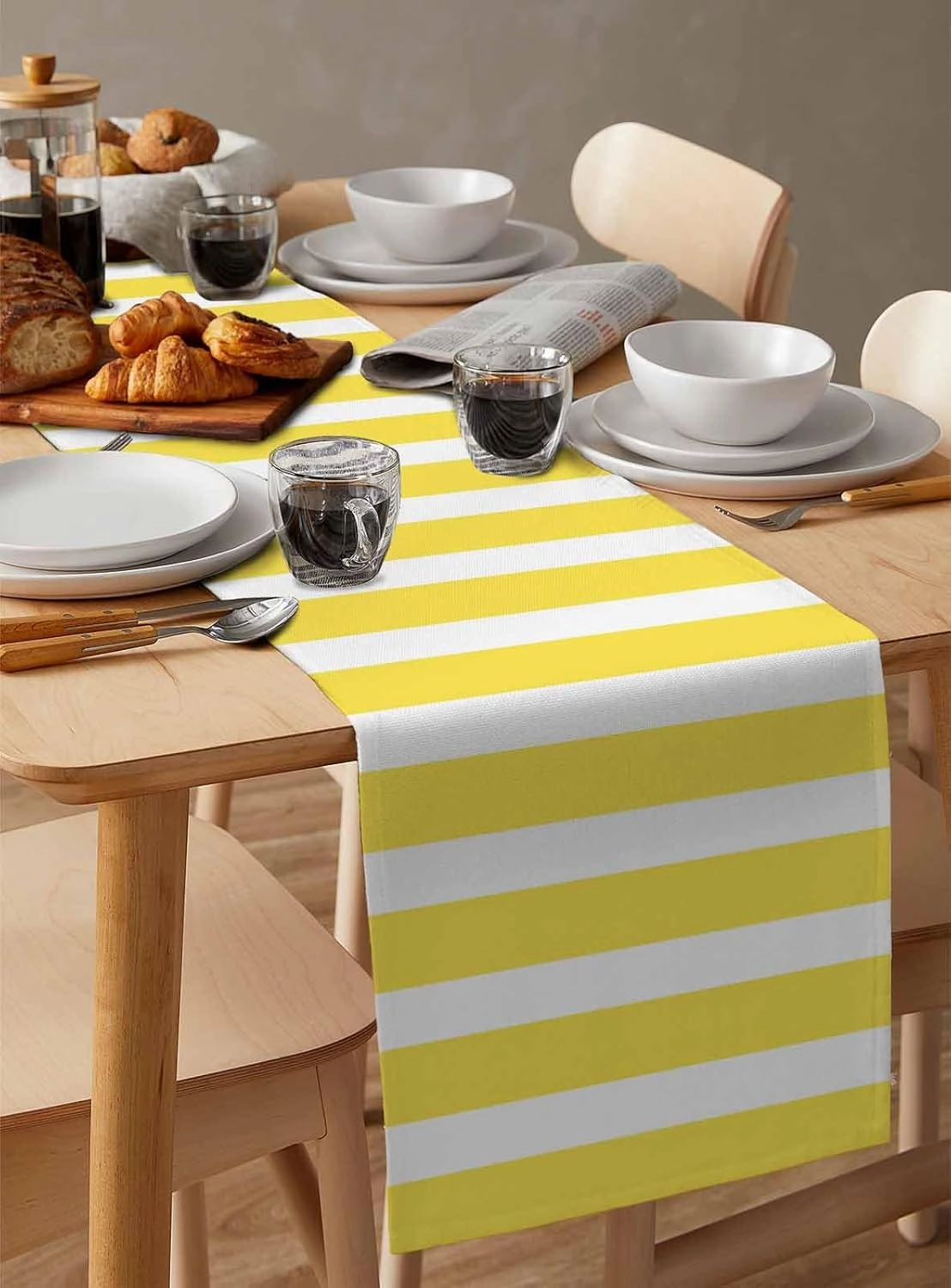 Table Runners-72 Inch Long,Modern Stripes Lines Linen Dresser Scarves Dining Table Runner Yellow and White Tabletop Scarf for Home Kitchen Holiday Party Decor