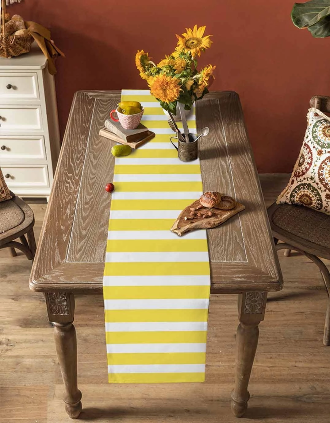 Table Runners-72 Inch Long,Modern Stripes Lines Linen Dresser Scarves Dining Table Runner Yellow and White Tabletop Scarf for Home Kitchen Holiday Party Decor