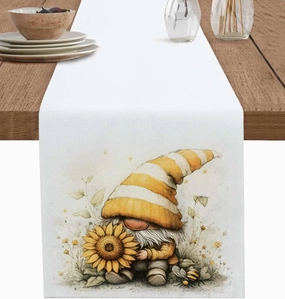 Table Runners-90 Inch Long,Watercolor Gnome with Sunflower Bee Linen Dresser Scarves Dining Table Runner Summer Retro Rustic Plant Tabletop Scarf for Home Kitchen Holiday Party Decor