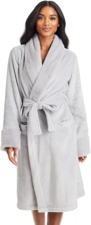 TAHARI Womens Plush Velour Bathrobe with Faux Fur Trim - Plush Robes for Women
