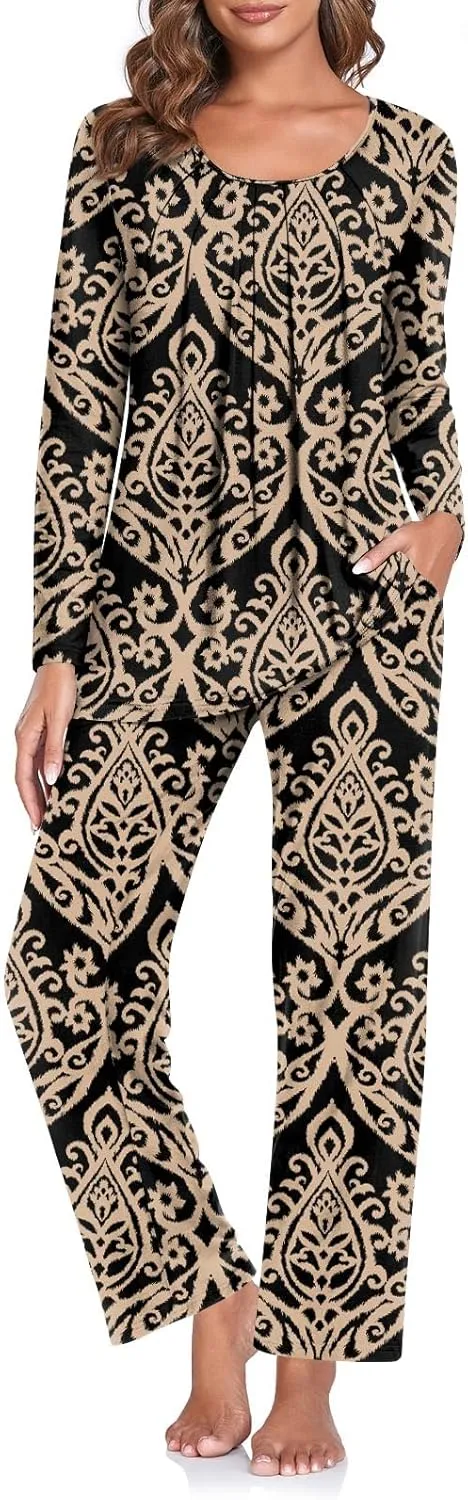 TAOHUADAO Women's Fall Pajamas Set with Pockets Soft Pants with Long Sleeve Top Ladies Sleepwear