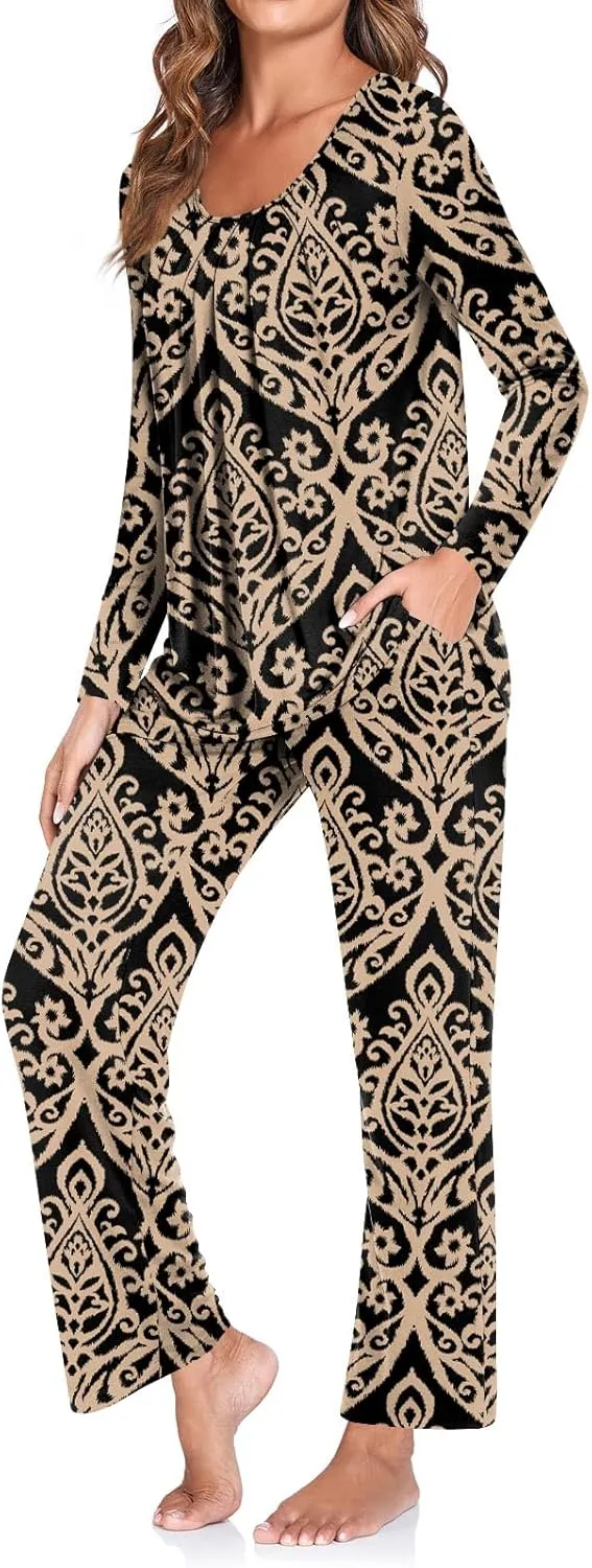TAOHUADAO Women's Fall Pajamas Set with Pockets Soft Pants with Long Sleeve Top Ladies Sleepwear