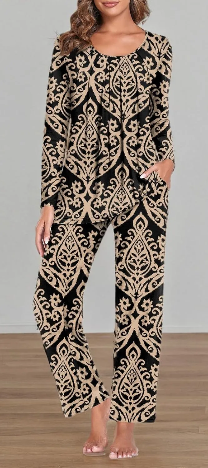 TAOHUADAO Women's Fall Pajamas Set with Pockets Soft Pants with Long Sleeve Top Ladies Sleepwear