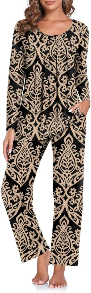 TAOHUADAO Women's Fall Pajamas Set with Pockets Soft Pants with Long Sleeve Top Ladies Sleepwear