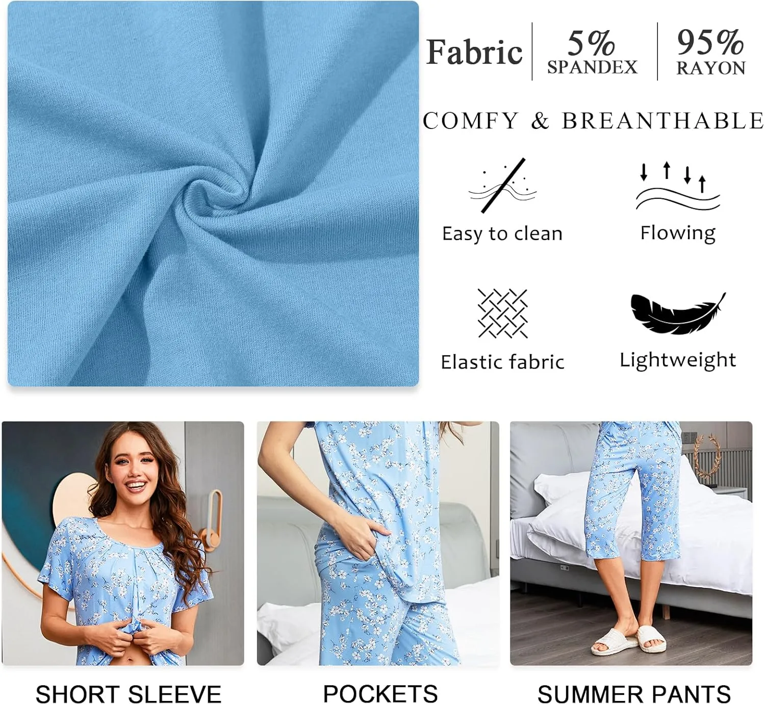 TAOHUADAO Women's Pajamas Set with 2 Pockets Capri Pants with Short Sleeve Top Ladies Sleepwear