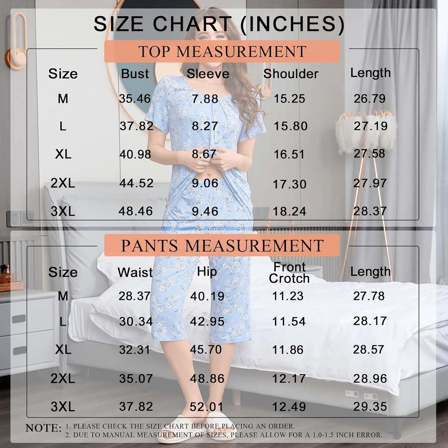 TAOHUADAO Women's Pajamas Set with 2 Pockets Capri Pants with Short Sleeve Top Ladies Sleepwear