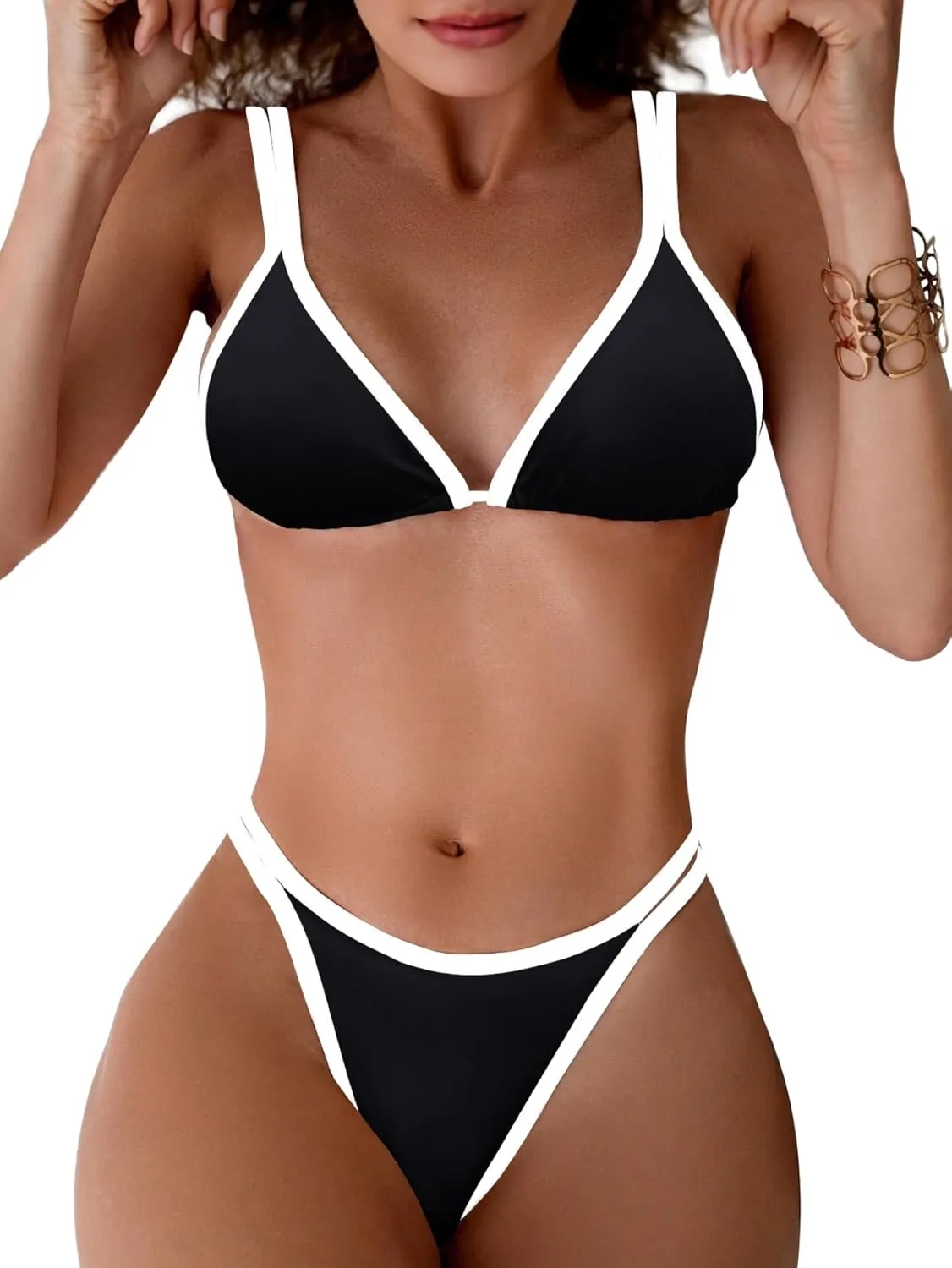 TASHEHE Women's Bikini Set High Leg Cut Double Straps Cute Triangle Swimsuit High Waist Two Piece Bathing Suit