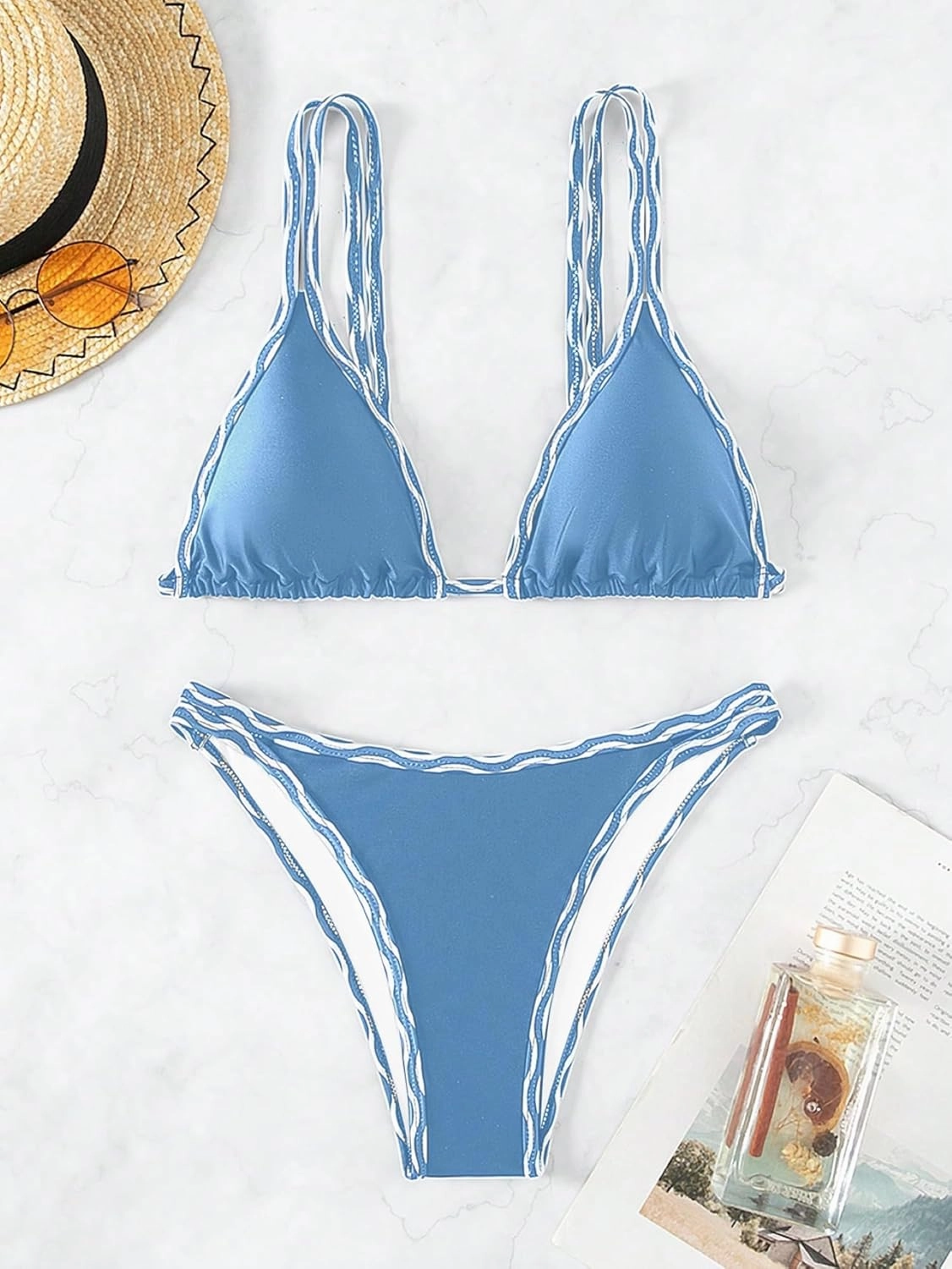 TASHEHE Women's Bikini Set High Leg Cut Double Straps Cute Triangle Swimsuit High Waist Two Piece Bathing Suit