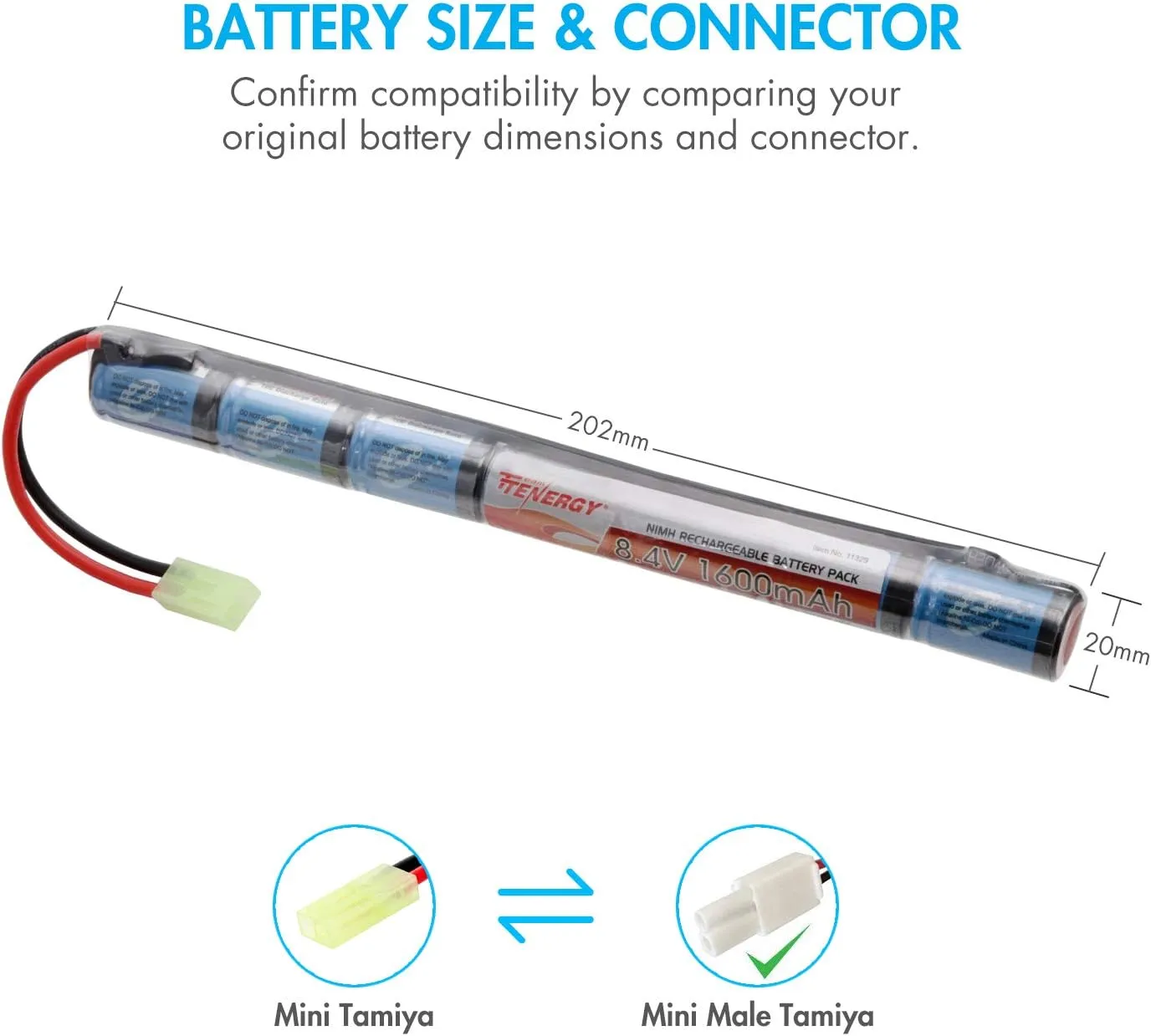 Tenergy Airsoft Battery 8.4V 1600mAh NiMH Stick Style Batteries w/Mini Tamiya Connector, Replacement Battery for Airsoft Rifle AEG Guns AK47 CYMA RPK PKM