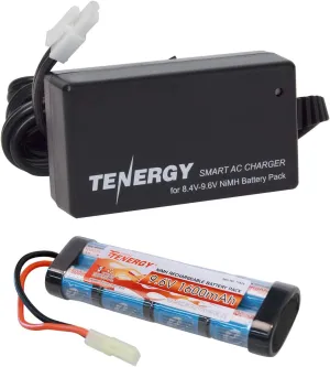 Tenergy Airsoft Battery 9.6V 1600mAh NiMH Flat Battery Pack and Charger w/Mini Tamiya Connector Compatible with MP5, Scar, M249, M240B, M60, G36, M14, RPK, PKM