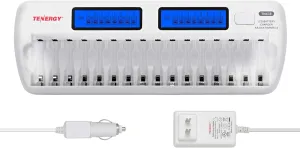 Tenergy TN438 16 Bay Battery Charger for AAA and AA Rechargeable Batteries, AA/AAA NiMH/NiCd Rechargeable Batteries Charger with AC Wall Adapter and Car Adapter