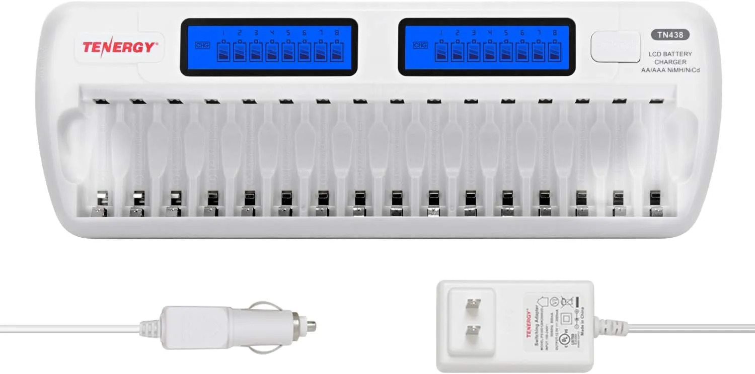 Tenergy TN438 16 Bay Battery Charger for AAA and AA Rechargeable Batteries, AA/AAA NiMH/NiCd Rechargeable Batteries Charger with AC Wall Adapter and Car Adapter
