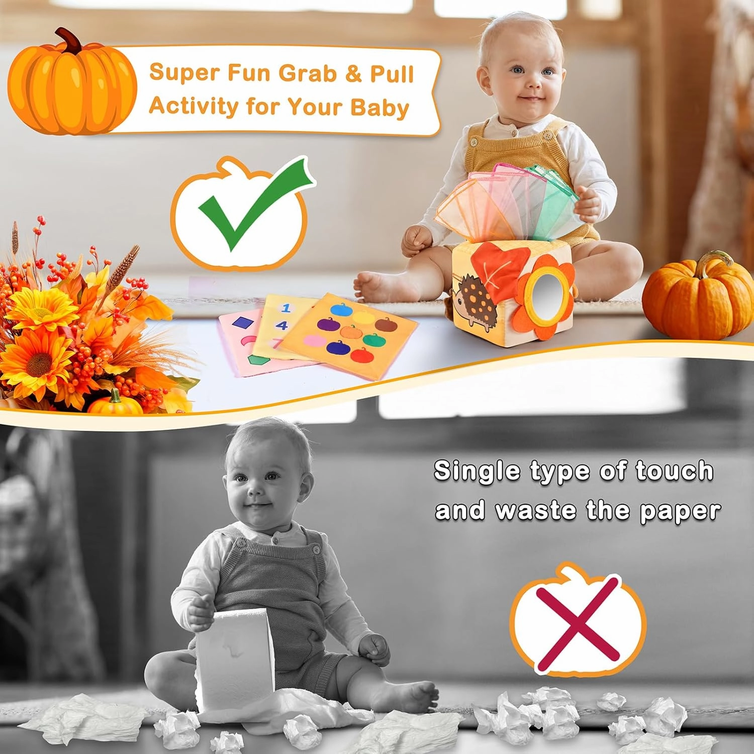 Thanksgiving Baby Toys 6-12 Months Montessori Toys Baby Tissue Box Toy for Babies, Thanksgiving Gift for Boys Girls Autumn Thanksgiving Party Favor Thanksgiving Harvest Gifts