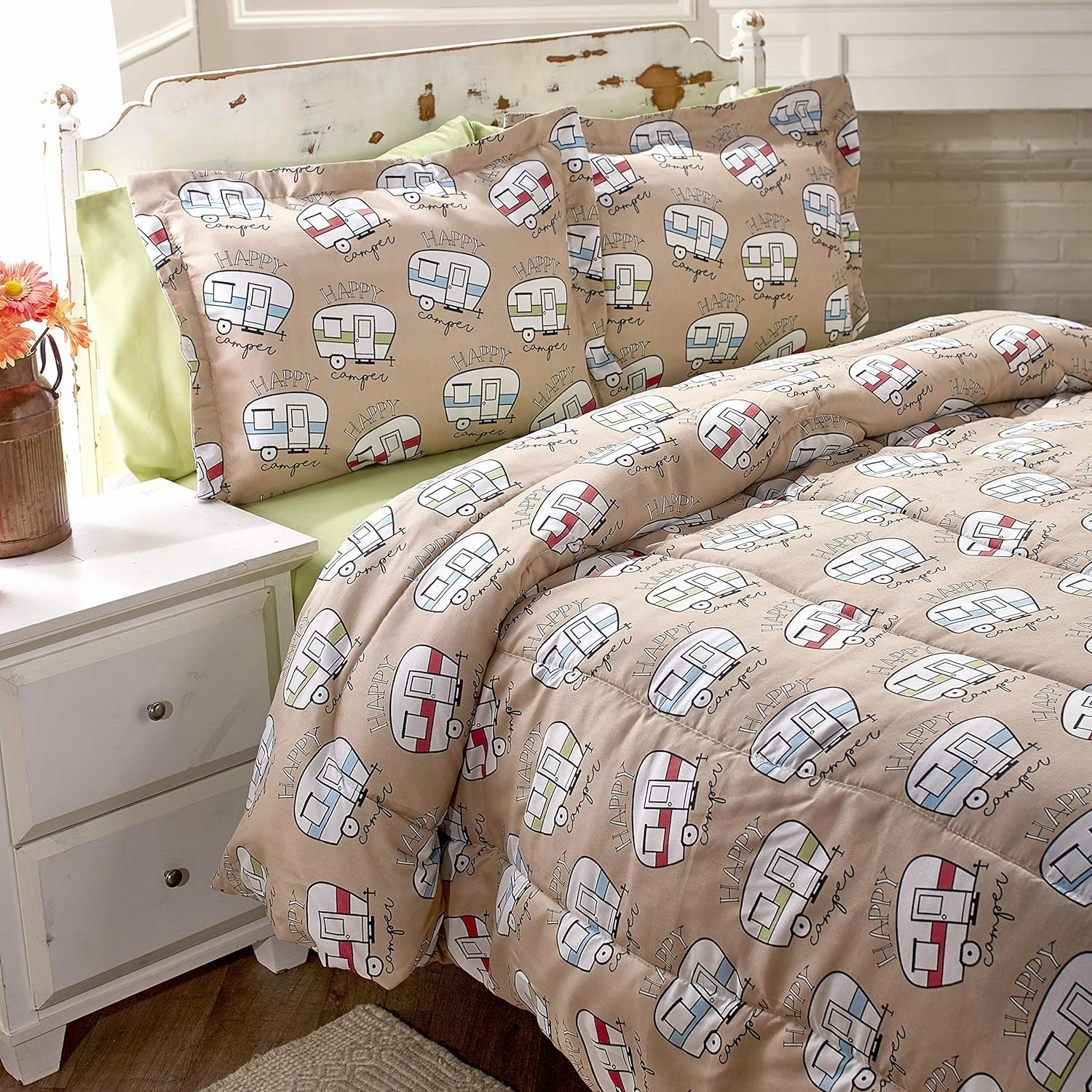 The Lakeside Collection Happy Camper Comforter Set Cute Bedding for Outdoor Lovers, Full/Queen, Beige