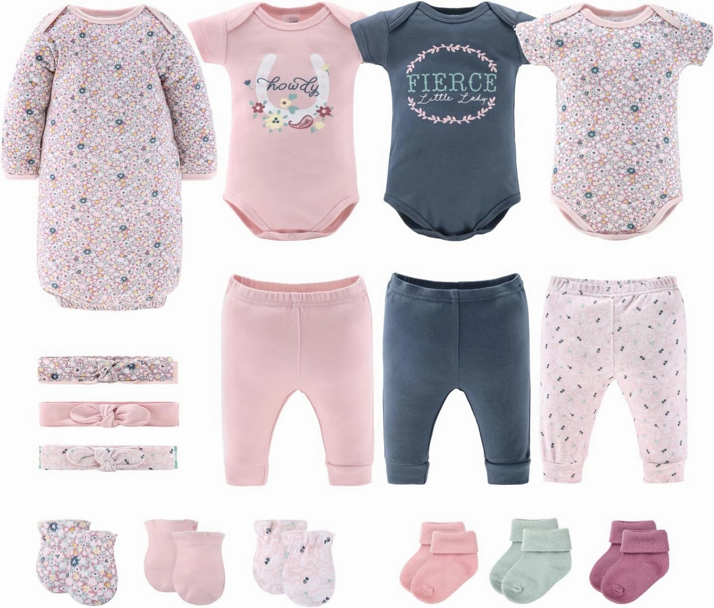 The Peanutshell Baby Layette Gift Set for Girls - 16 Piece New Born Girl Gift Set, Baby Clothes, 0-9 Months - Prairie Floral