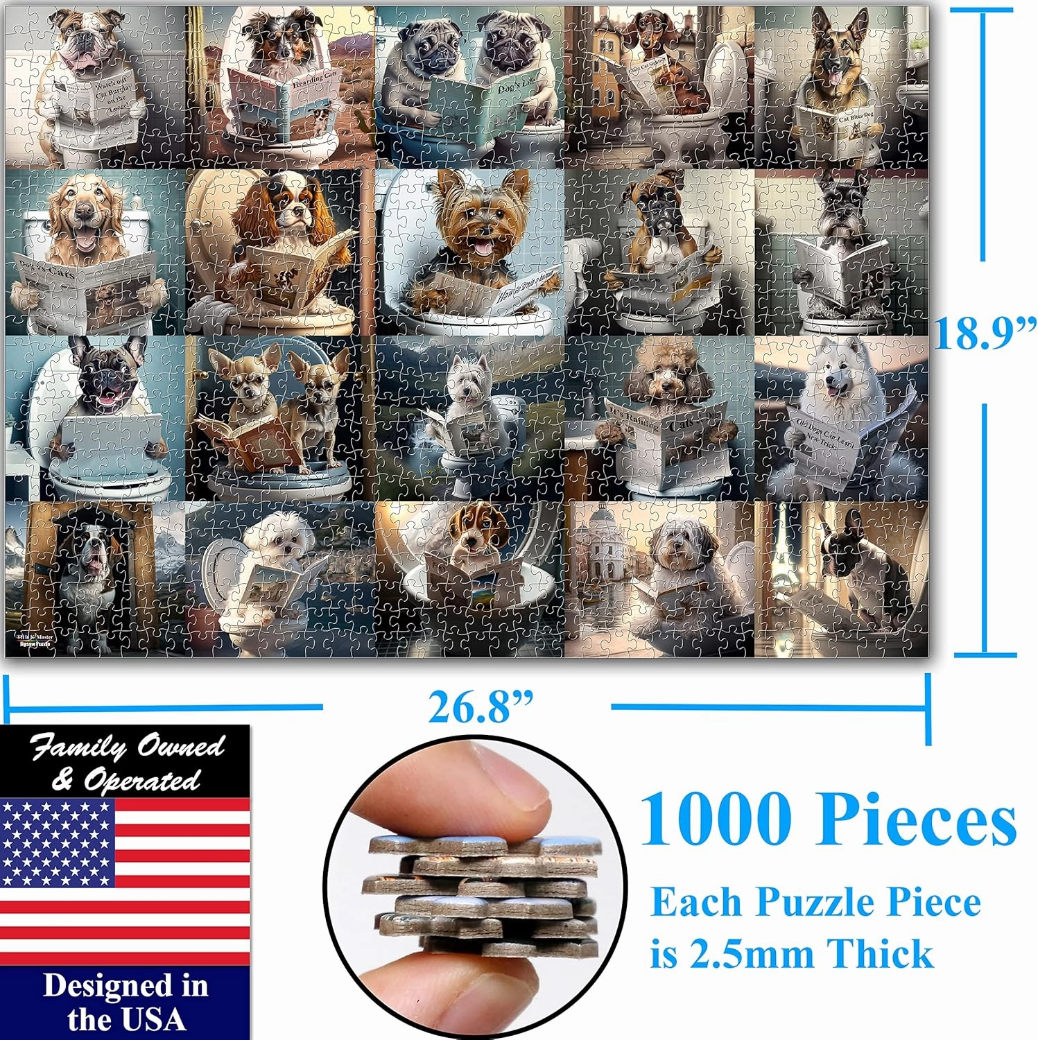 Think2Master Pooping Dogs & Puppies 1000 Pieces Jigsaw Puzzle. Pooping Puppies, Funny Bathroom Decoration, Gag Gift. Fun Toy Teens, Adults, Seniors & Families. Great for Kids 13  Size: 26.8” x 18.9”