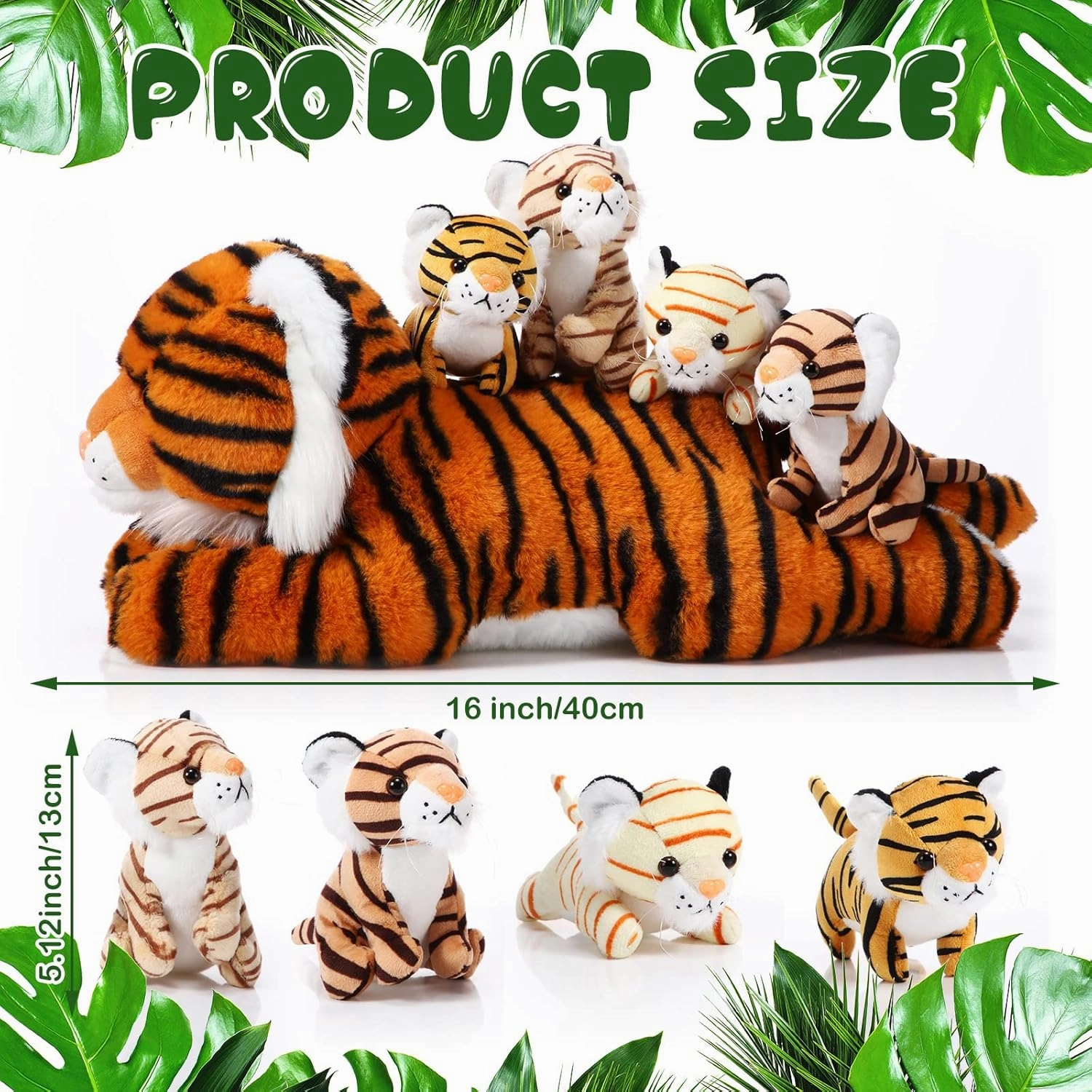 Threan 5 Pcs Tiger Stuffed Animals Plush Toy Set 16 Inch Stuffed Mommy Tiger with 4 Baby Cubs in Zippered Belly Cuddly Plushies for Kids Boys Girls Graduation Forest Birthday Gifts Party Favor(Cute)