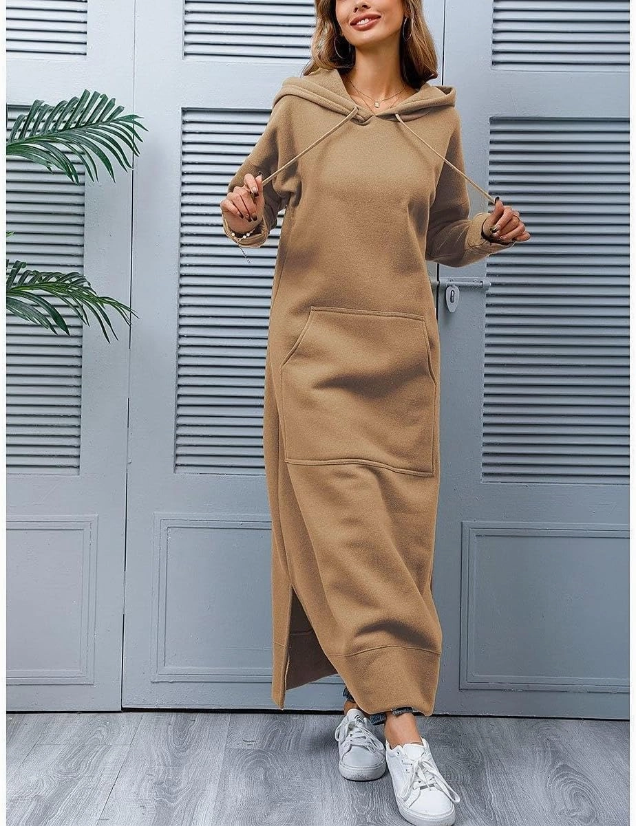 TIAFORD Women's Casual Plush Pullover Oversized Sweatshirt for Women Long Sleeve Drawstring Hoodie Maxi Dress with Pocket
