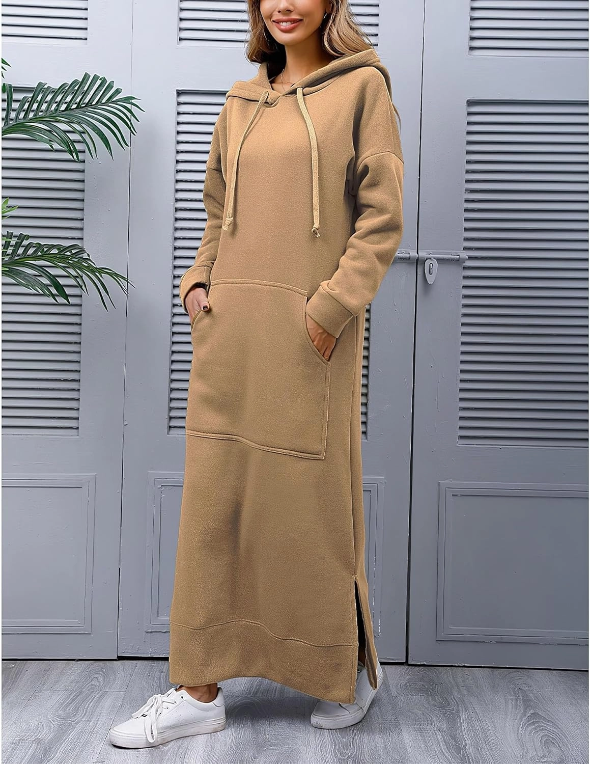 TIAFORD Women's Casual Plush Pullover Oversized Sweatshirt for Women Long Sleeve Drawstring Hoodie Maxi Dress with Pocket