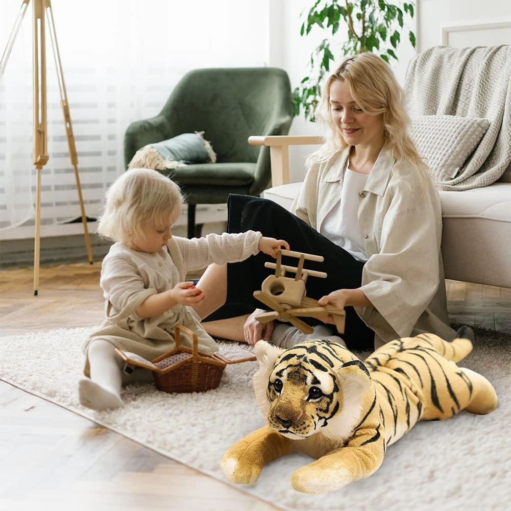 Tiger Stuffed Animals, 19" Large Stuffed Tiger Animal Plush Toys Safari Cute Realistic Tiger Plush Soft Pillow Jungle Birthday for Kids
