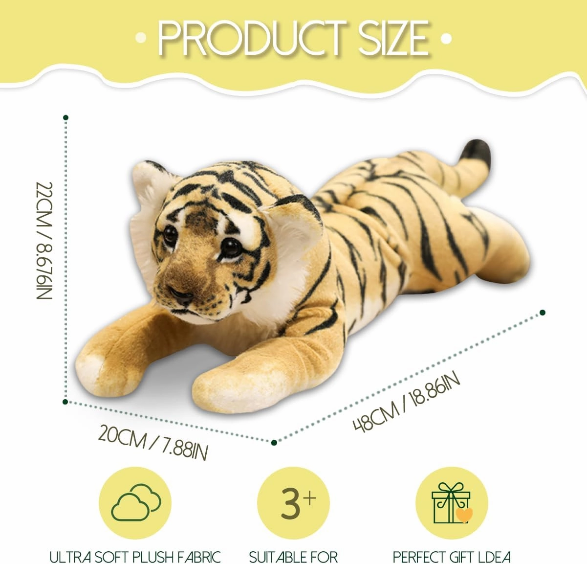 Tiger Stuffed Animals, 19" Large Stuffed Tiger Animal Plush Toys Safari Cute Realistic Tiger Plush Soft Pillow Jungle Birthday for Kids