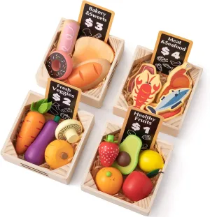 Tiny Land Wooden Play Food Sets for Kids Kitchen - 100% Wood 43 Pieces Kids Toy Food for Toddlers 3  Year Old, Pretend Food Play Kitchen Accessories Set for Boys and Girls