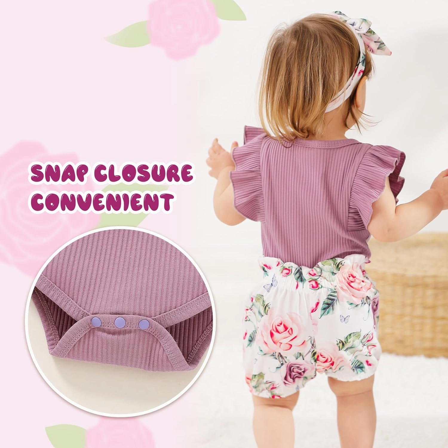 Tiny Cutey Baby Girl Clothes Infant Summer Outfits Set Ruffle Sleeve Romper and Floral Shorts with Headband