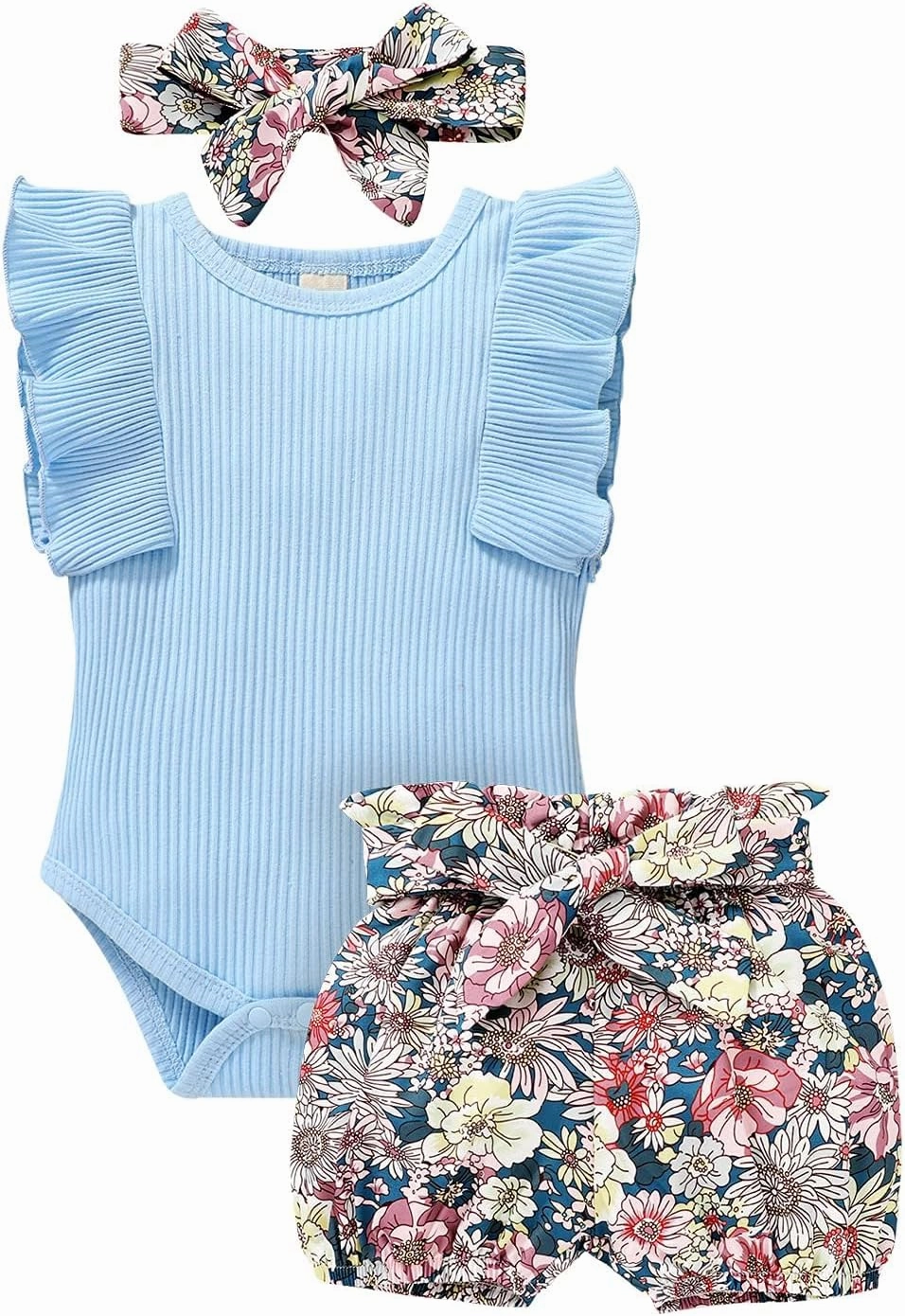 Tiny Cutey Baby Girl Clothes Infant Summer Outfits Set Ruffle Sleeve Romper and Floral Shorts with Headband