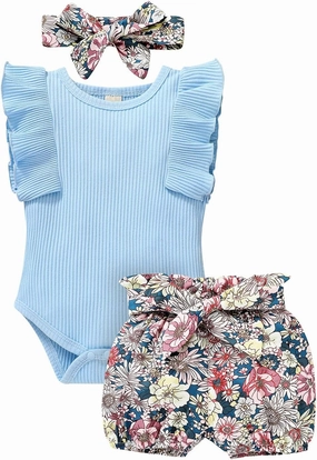 Tiny Cutey Baby Girl Clothes Infant Summer Outfits Set Ruffle Sleeve Romper and Floral Shorts with Headband