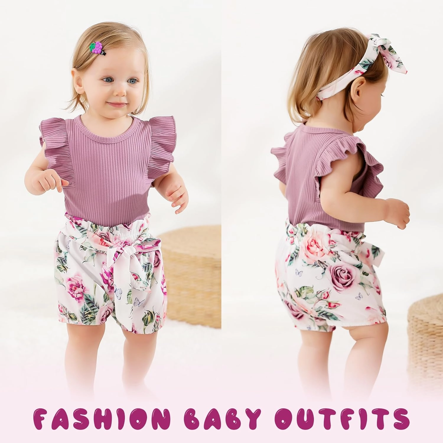 Tiny Cutey Baby Girl Clothes Infant Summer Outfits Set Ruffle Sleeve Romper and Floral Shorts with Headband