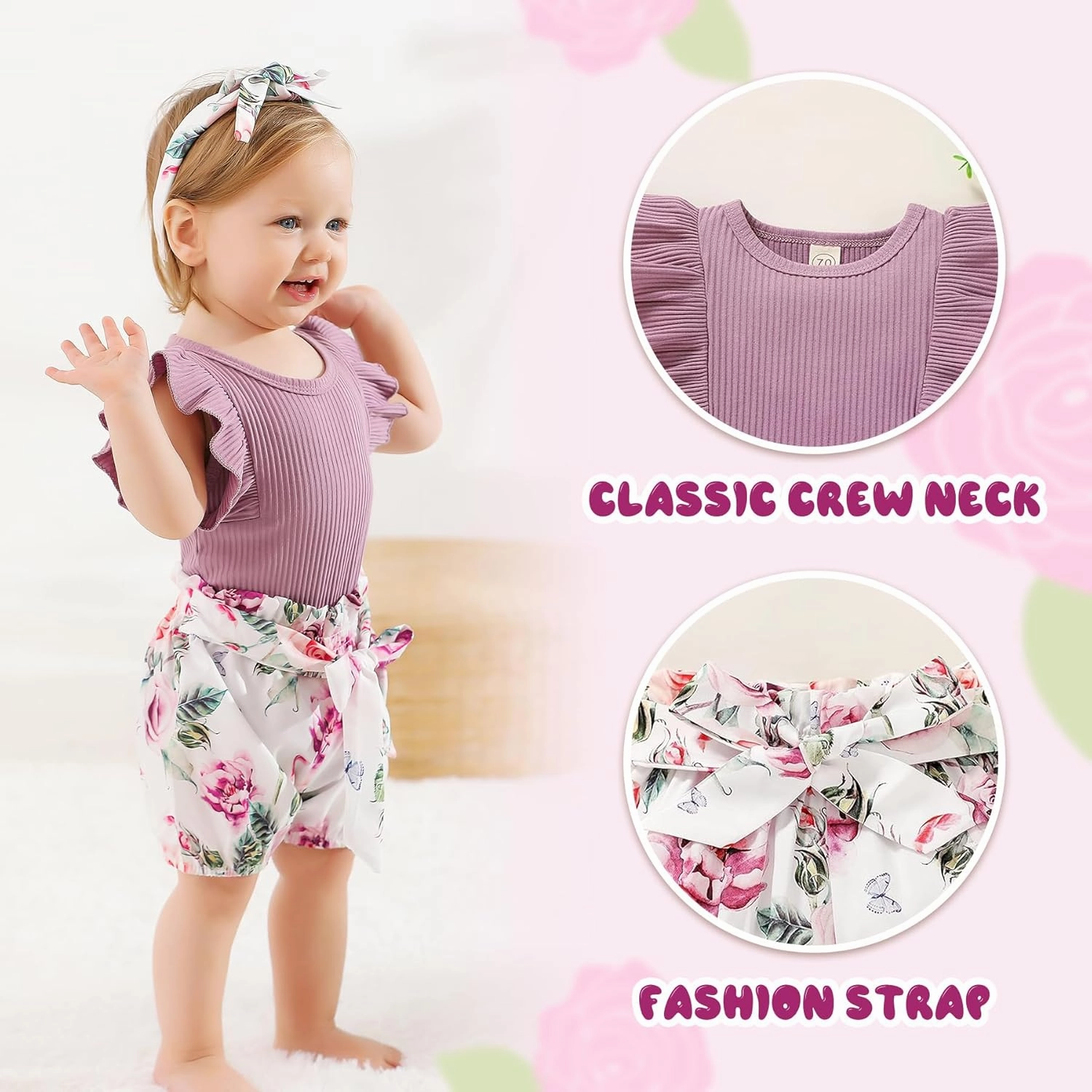 Tiny Cutey Baby Girl Clothes Infant Summer Outfits Set Ruffle Sleeve Romper and Floral Shorts with Headband